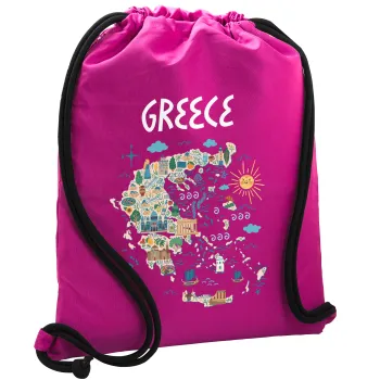 Greek map, Backpack pouch GYMBAG Fuchsia, with pocket (40x48cm) & thick cords