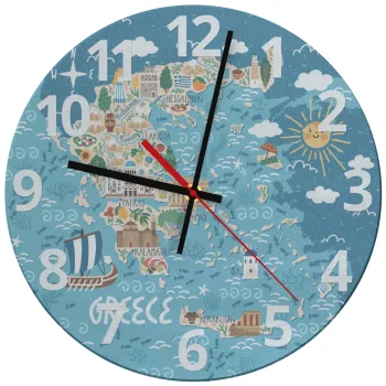 Greek map, Ρολόι τοίχου γυάλινο (30cm)