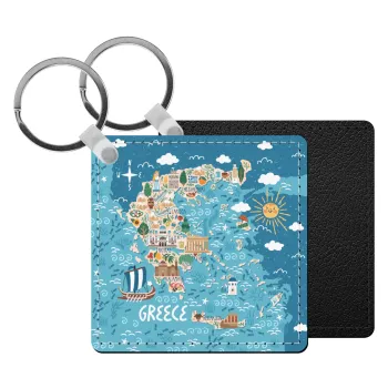 Greek map, Μπρελόκ Δερματίνη, τετράγωνο ΜΑΥΡΟ (5x5cm)