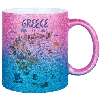 Greek map, Κούπα Χρυσή/Μπλε Glitter, κεραμική, 330ml