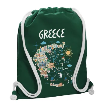 Greek map, Backpack pouch GYMBAG BOTTLE GREEN, with pocket (40x48cm) & thick white cords