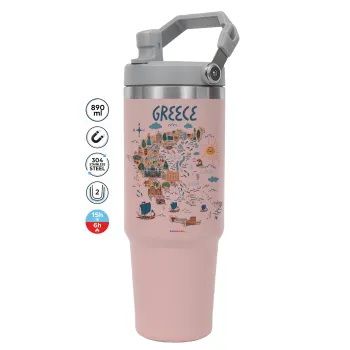 Greek map, PINK Travel Tumbler with Handle 890ml