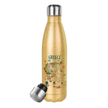 Greek map, Glitter gold stainless steel thermos bottle, double-walled, 500ml