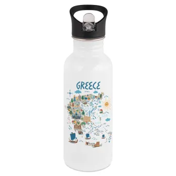 Greek map, White water bottle with straw, stainless steel 600ml