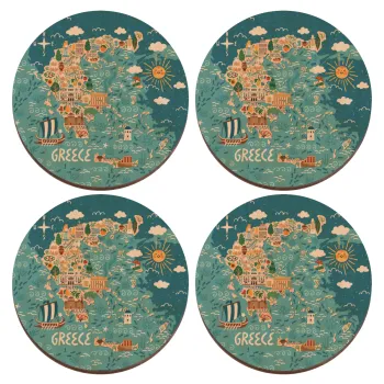 Greek map, ΣΕΤ x4 Σουβέρ ξύλινα στρογγυλά plywood (9cm)