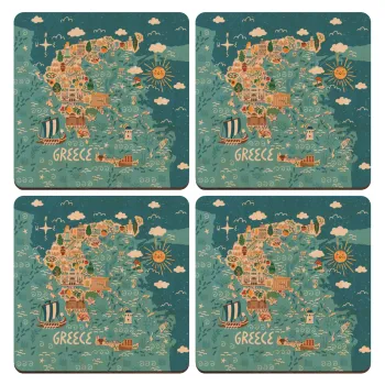 Χάρτης Ελλάδος, ΣΕΤ x4 Σουβέρ ξύλινα τετράγωνα plywood (9cm)