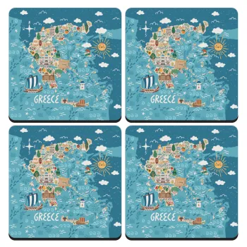 Χάρτης Ελλάδος, ΣΕΤ 4 Σουβέρ ξύλινα τετράγωνα (9cm)