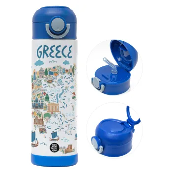 Greek map, Children's hot water bottle, stainless steel, with safety straw, BLUE (500ml)
