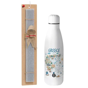 Greek map, Easter Set, metallic stainless thermos bottle (500ml) & scented flat Easter candle (30cm) (GRAY)
