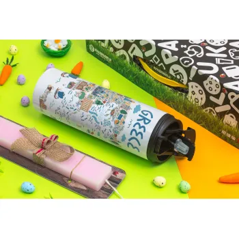 Greek map, Easter candle,Travel Tumbler 2 Lids, with metal straw & cleaning brush & aromatic flat candle (30cm) (PINK)