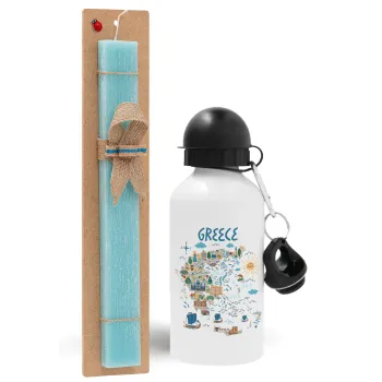 Greek map, Easter Set, metallic aluminum water bottle (500ml) & scented flat candle (30cm) (TURQUOISE)