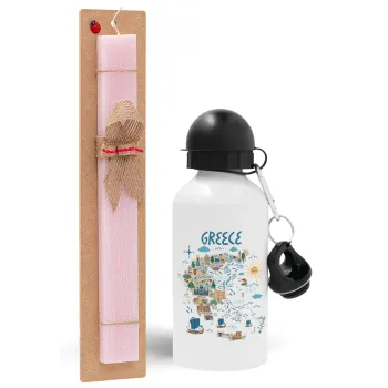 Greek map, Easter Set, metallic aluminum bottle (500ml) & aromatic flat Easter candle (30cm) (PINK)
