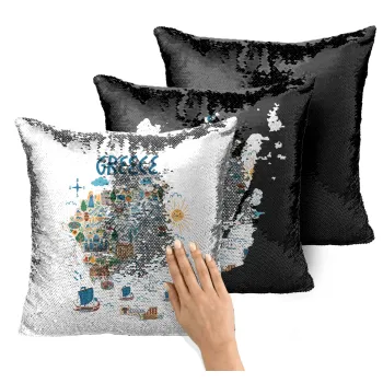 Χάρτης Ελλάδος, Μαξιλάρι καναπέ Μαγικό Μαύρο με πούλιες 40x40cm περιέχεται το γέμισμα
