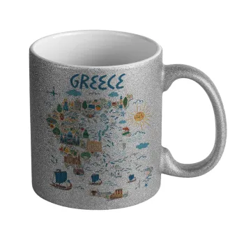 Greek map, Κούπα Ασημένια Glitter που γυαλίζει, κεραμική, 330ml