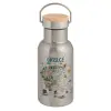 Stainless steel metallic thermos flask, silver with a bamboo lid, double-walled, 350ml.