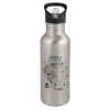 Water bottle Silver with straw, stainless steel 600ml