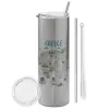Tumbler ποτήρι θερμό Ασημένιο από ανοξείδωτο ατσάλι 600ml, με μεταλλικό καλαμάκι & βούρτσα καθαρισμού