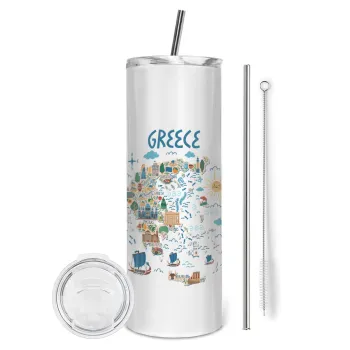 Χάρτης Ελλάδος, Tumbler ποτήρι θερμό από ανοξείδωτο ατσάλι 600ml, με μεταλλικό καλαμάκι & βούρτσα καθαρισμού