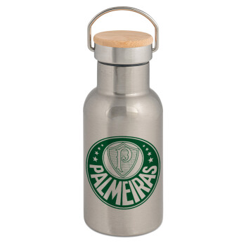 Palmeiras, Stainless steel metallic thermos flask, silver with a bamboo lid, double-walled, 350ml.