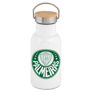 Palmeiras, Μεταλλικό παγούρι θερμός (Stainless steel) Λευκό με ξύλινο καπακι (bamboo), διπλού τοιχώματος, 350ml