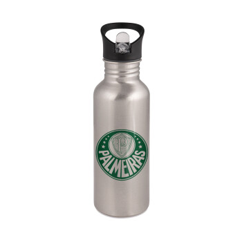Palmeiras, Water bottle Silver with straw, stainless steel 600ml