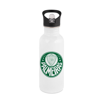 Palmeiras, White water bottle with straw, stainless steel 600ml