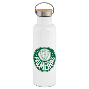 Palmeiras, Μεταλλικό παγούρι θερμός (Stainless steel) Λευκό με ξύλινο καπάκι (bamboo), διπλού τοιχώματος, 750ml
