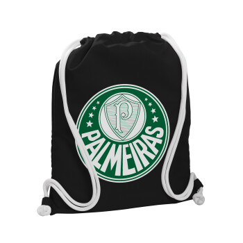 Palmeiras, Τσάντα πλάτης πουγκί GYMBAG Μαύρη, με τσέπη (40x48cm) & χονδρά λευκά κορδόνια