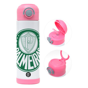 Palmeiras, Children's hot water bottle, stainless steel, with safety straw, PINK (500ml)