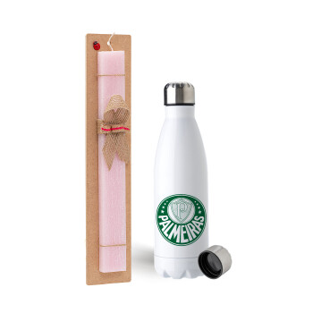 Palmeiras, Easter Set, metallic stainless steel water bottle (750ml) & scented flat Easter candle (30cm) (PINK)