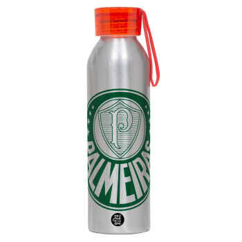 Palmeiras, Αλουμινένιο Αθλητικό Μπουκάλι 650ml – Ασημί με Κόκκινο Καπάκι και Λουράκι Σιλικόνης