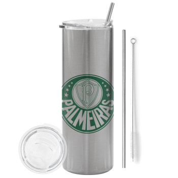Palmeiras, Eco friendly stainless steel Silver tumbler 600ml, with metal straw & cleaning brush