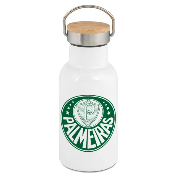 Palmeiras — Metallic thermos (Stainless steel) White with wooden lid (bamboo), double-walled, 350ml