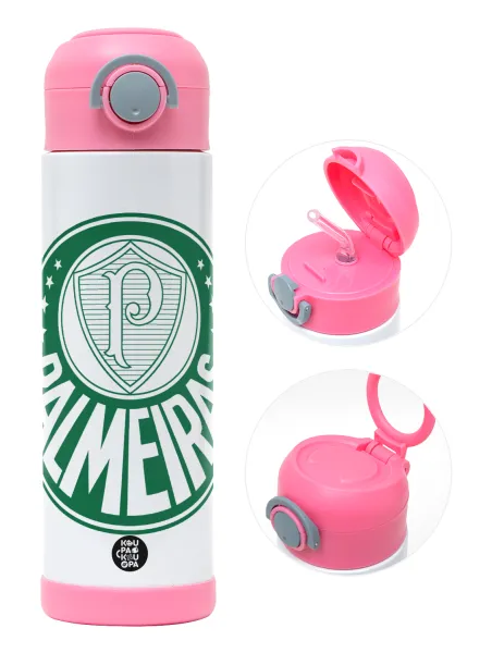Palmeiras — Children's hot water bottle, stainless steel, with safety straw, PINK (500ml)
