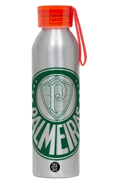 Palmeiras — Αλουμινένιο Αθλητικό Μπουκάλι 650ml – Ασημί με Κόκκινο Καπάκι και Λουράκι Σιλικόνης