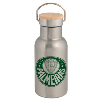 Palmeiras, Μεταλλικό παγούρι θερμός (Stainless steel) Ασημένιο με ξύλινο καπακι (bamboo), διπλού τοιχώματος, 350ml