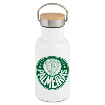 Palmeiras, Μεταλλικό παγούρι θερμός (Stainless steel) Λευκό με ξύλινο καπακι (bamboo), διπλού τοιχώματος, 350ml