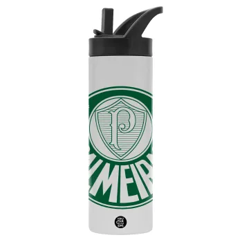 Palmeiras, Metallic thermos bottle with straw & handle, stainless steel (Stainless steel 304), double-walled, 600ml.
