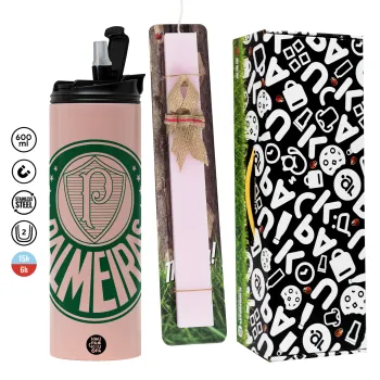 Palmeiras, Πασχαλινή Λαμπάδα με  ΡΟΖ Travel Tumbler θερμό (600ml, BPA free) & κερί αρωματικό πλακέ (30cm) (ΡΟΖ)