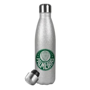 Palmeiras, Μεταλλικό παγούρι θερμός Glitter Aσημένιο (Stainless steel), διπλού τοιχώματος, 500ml