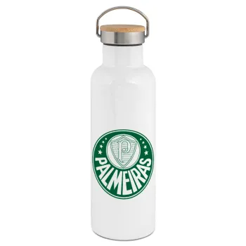 Palmeiras, Μεταλλικό παγούρι θερμός (Stainless steel) Λευκό με ξύλινο καπάκι (bamboo), διπλού τοιχώματος, 750ml