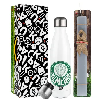 Palmeiras, Πασχαλινή Λαμπάδα με μεταλλικό παγούρι θερμός λευκός (500ml) & λαμπάδα αρωματική πλακέ (30cm) (ΓΚΡΙ)