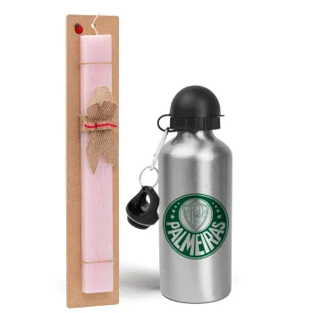 Palmeiras, Easter Set, metallic Silver aluminum water bottle (500ml) & scented flat Easter candle (30cm) (PINK)