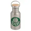 Stainless steel metallic thermos flask, silver with a bamboo lid, double-walled, 350ml.