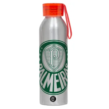 Palmeiras, Αλουμινένιο Αθλητικό Μπουκάλι 650ml – Ασημί με Κόκκινο Καπάκι και Λουράκι Σιλικόνης