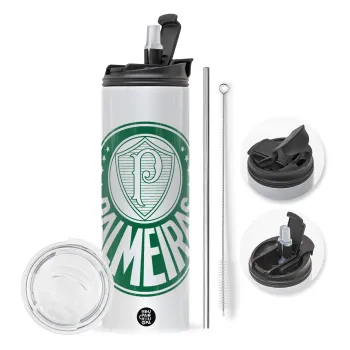 Palmeiras, Travel Tumbler 2 Lids, with metal straw & cleaning brush (Stainless steel 304 Food grade, BPA free, 600ml)
