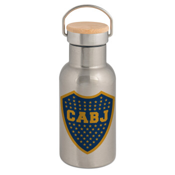 Club Atlético Boca Juniors, Μεταλλικό παγούρι θερμός (Stainless steel) Ασημένιο με ξύλινο καπακι (bamboo), διπλού τοιχώματος, 350ml