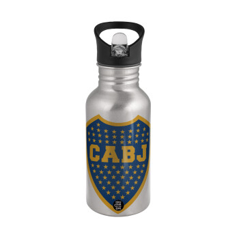 Club Atlético Boca Juniors, Water bottle Silver with straw, stainless steel 500ml