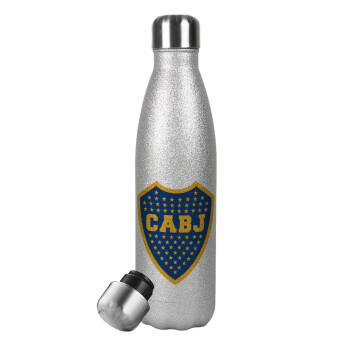 Club Atlético Boca Juniors, Μεταλλικό παγούρι θερμός Glitter Aσημένιο (Stainless steel), διπλού τοιχώματος, 500ml