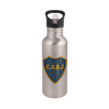 Club Atlético Boca Juniors, Water bottle Silver with straw, stainless steel 600ml